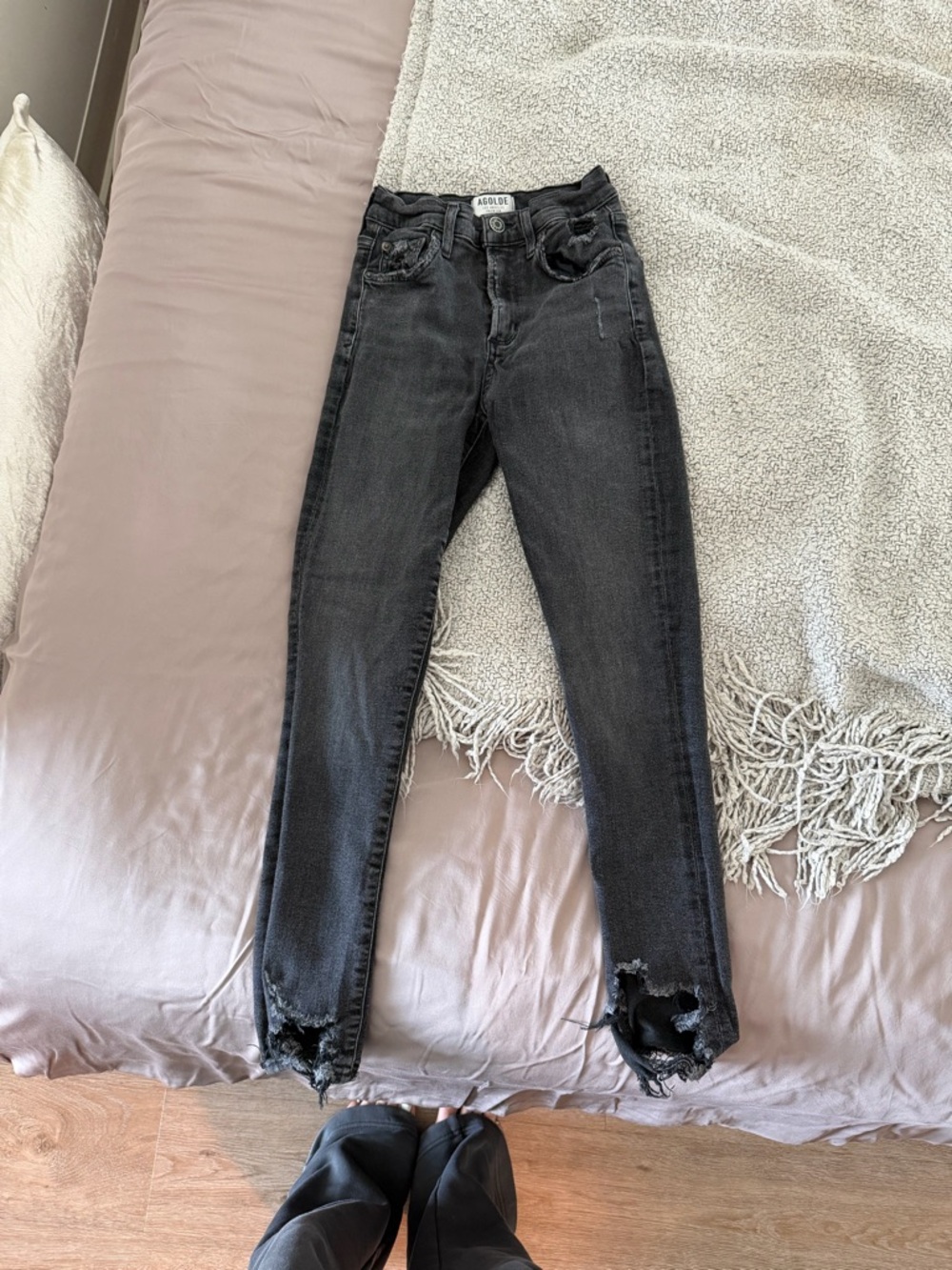 Agolde Washed Black Skinny Jeans with Distressed Hems